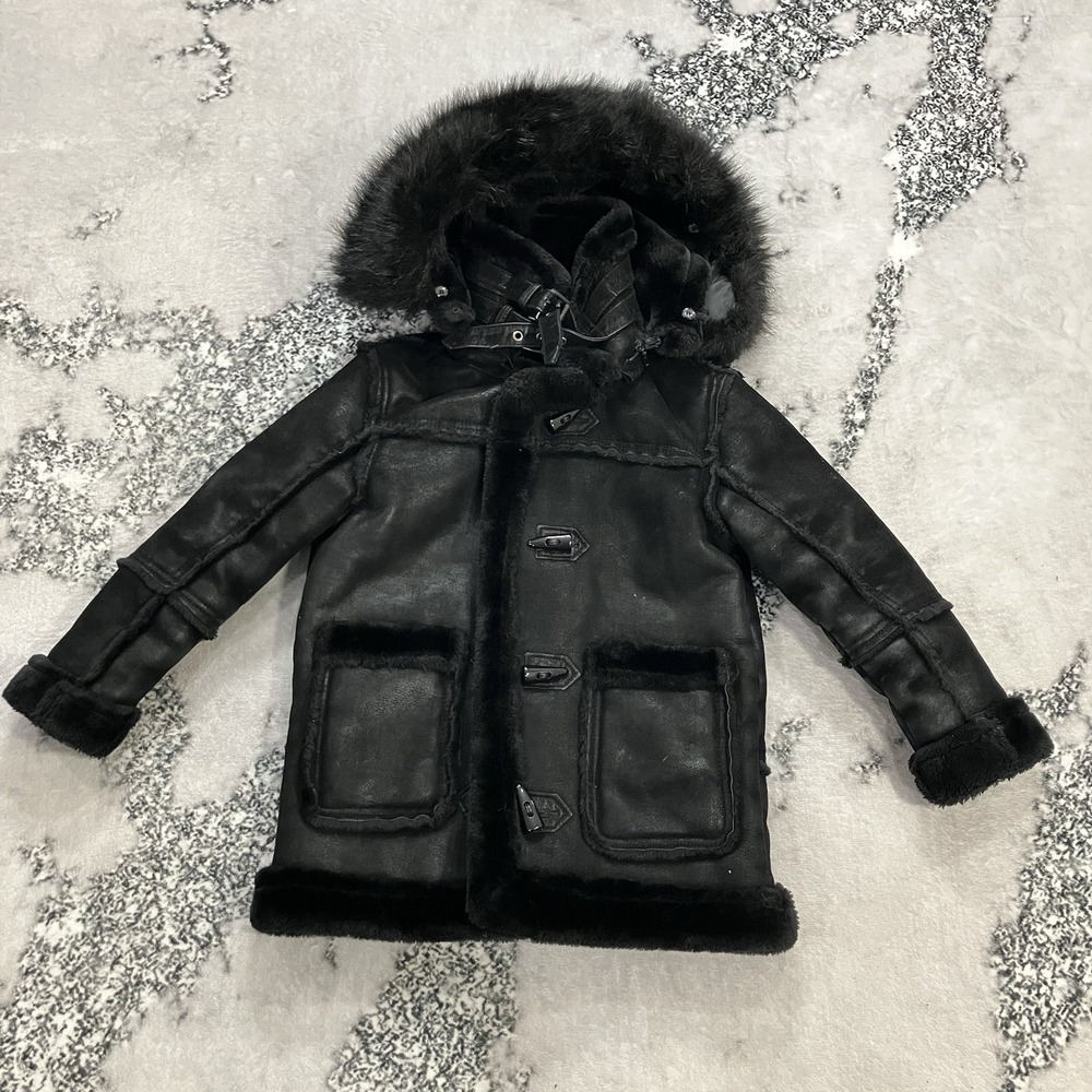 Jordan Craig Kids Black Faux Shearling Hooded Duffle Coat Faux Fur Trim‎ Size 7
